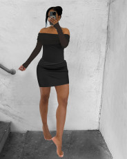 Mesh One Shoulder Long Sleeve Pleated Skirt Suit QXLB-10118