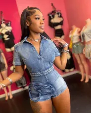 Short Sleeve Washed Denim Romper MEM-88626
