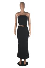 Solid Color Wrap Chest Long Skirt 2 Piece Set MZ-2890