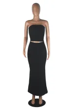 Solid Color Wrap Chest Long Skirt 2 Piece Set MZ-2890