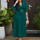 Plus Size V Neck Press Pleated Midi Dress GCZF-8622