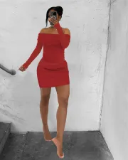 Mesh One Shoulder Long Sleeve Pleated Skirt Suit QXLB-10118