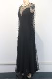 Polka Dot Lace Patchwork Long Sleeve Maxi Dress GWDS-241208