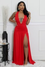 Deep V Neck Tie Up Split Maxi Dress XHXF-441