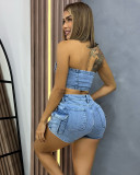 Sexy Zipper Wrap Chest Tops And Shorts Denim Suit GAKF-50218