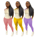 Casual Color Block Yoga Spor Short Sleeve Pants Suit MEM-88628