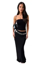 Solid Color Wrap Chest Long Skirt 2 Piece Set MZ-2890