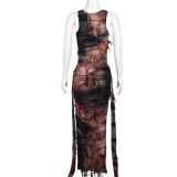 Tassel Tie Dye Split Hollow Out Maxi Dress GFRT-31249DY