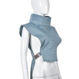 High Collar sleeveless Denim Short Vest GFRT-9189TD