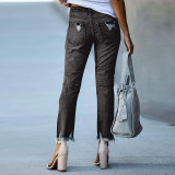 Solid Color Holes Straight Jeans XCFF-30112