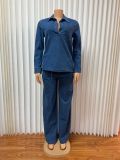 Plus Size Long Sleeve Lapel Denim Two Piece Pants Set GADE-6561