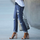 Solid Color Holes Straight Jeans XCFF-30112