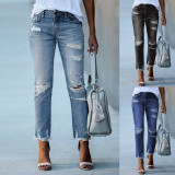 Solid Color Holes Straight Jeans XCFF-30112