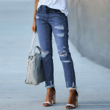 Solid Color Holes Straight Jeans XCFF-30112