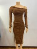 Mesh Patchwork Slash Shoulder Midi Dress GADE-8070