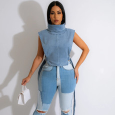 High Collar sleeveless Denim Short Vest GFRT-9189TD