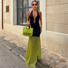 Backless Sleeveless Contrast Color Maxi Dress GFRT-41508DHG