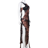 Tassel Tie Dye Split Hollow Out Maxi Dress GFRT-31249DY