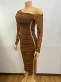 Mesh Patchwork Slash Shoulder Midi Dress GADE-8070