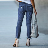 Solid Color Holes Straight Jeans XCFF-30112