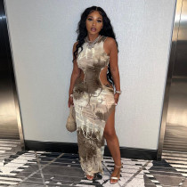 Tassel Tie Dye Split Hollow Out Maxi Dress GFRT-31249DY