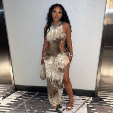 Tassel Tie Dye Split Hollow Out Maxi Dress GFRT-31249DY