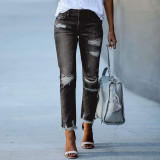 Solid Color Holes Straight Jeans XCFF-30112