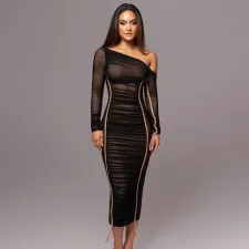 Mesh Patchwork Slash Shoulder Midi Dress GADE-8070