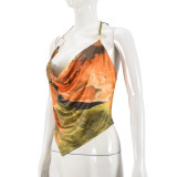 Mesh Print Irregular Halterneck Tops GFRT-41421THG