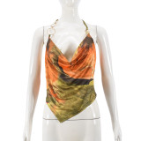 Mesh Print Irregular Halterneck Tops GFRT-41421THG