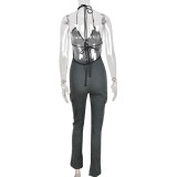 Sexy Backless Zipper Halterneck Denim Jumpsuit GFRT-6464JL