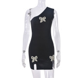 Rhinestone Bow Split Mini Dress GFRT-31702DHY