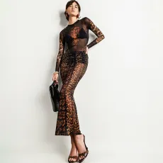 Mesh See Through Leopard Print Maxi Dress GZJQ-K24D56731