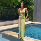 Sleeveless Hollow Out Halterneck Split Maxi Dress GZJQ-K24D44162