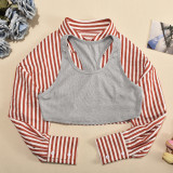 Stripe Long Sleeve Shirt+Tank Tops 2 Piece Set GFRT-41275THG