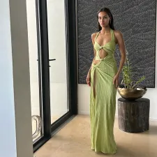 Sleeveless Hollow Out Halterneck Split Maxi Dress GZJQ-K24D44162