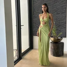 Sleeveless Hollow Out Halterneck Split Maxi Dress GZJQ-K24D44162