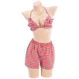Sexy Plaid Print Backless Tie Up Shorts Suit GFRT-41439SHG