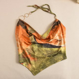 Mesh Print Irregular Halterneck Tops GFRT-41421THG