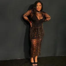 Mesh See Through Leopard Print Maxi Dress GZJQ-K24D56731