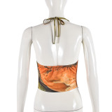 Mesh Print Irregular Halterneck Tops GFRT-41421THG