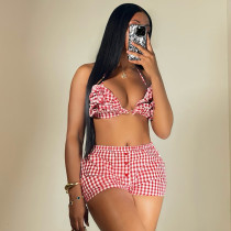 Sexy Plaid Print Backless Tie Up Shorts Suit GFRT-41439SHG