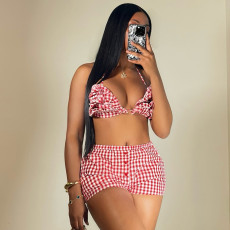 Sexy Plaid Print Backless Tie Up Shorts Suit GFRT-41439SHG