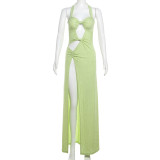 Sleeveless Hollow Out Halterneck Split Maxi Dress GZJQ-K24D44162