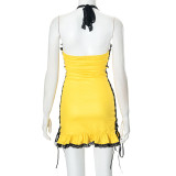 Print Lace Tie Up Halterneck MIni Dress MXBF-Q24DS426
