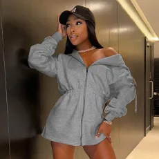Long Sleeve Hooded Zipper Casual Dress MXBF-K24DS419