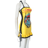 Print Lace Tie Up Halterneck MIni Dress MXBF-Q24DS426