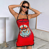 Print Lace Tie Up Halterneck MIni Dress MXBF-Q24DS426