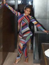 Mesh Print Long Sleeve Slim Jumpsuit MXBF-K24JP402