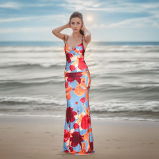 Sexy Print Backless Sling Maxi Dress FL-CF24462PFO